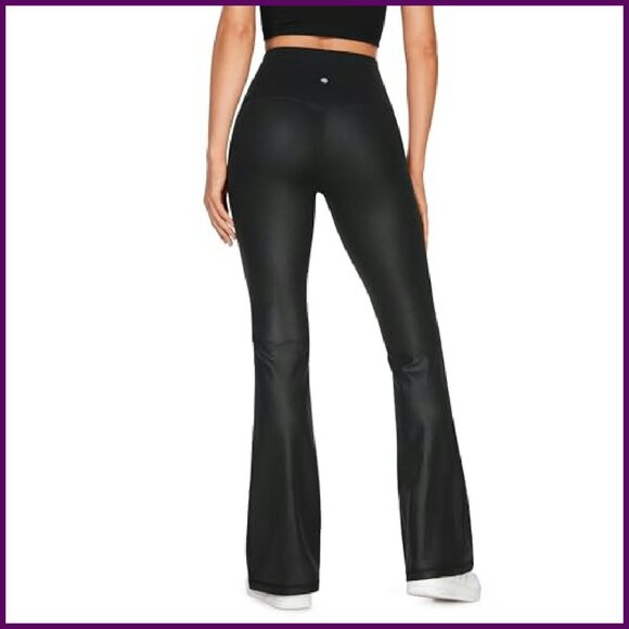 High Waist Faux Leather Flare Leggings 32" Inseam Yoga Pants - Picture 3 of 6